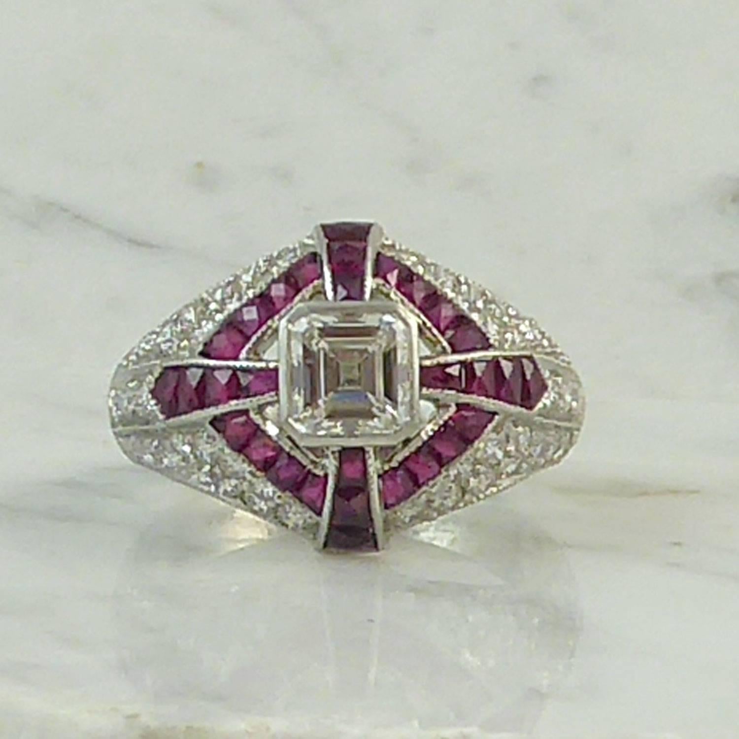 Women's Modern Art Deco Style Diamond and Ruby Cocktail Ring, circa 1930s