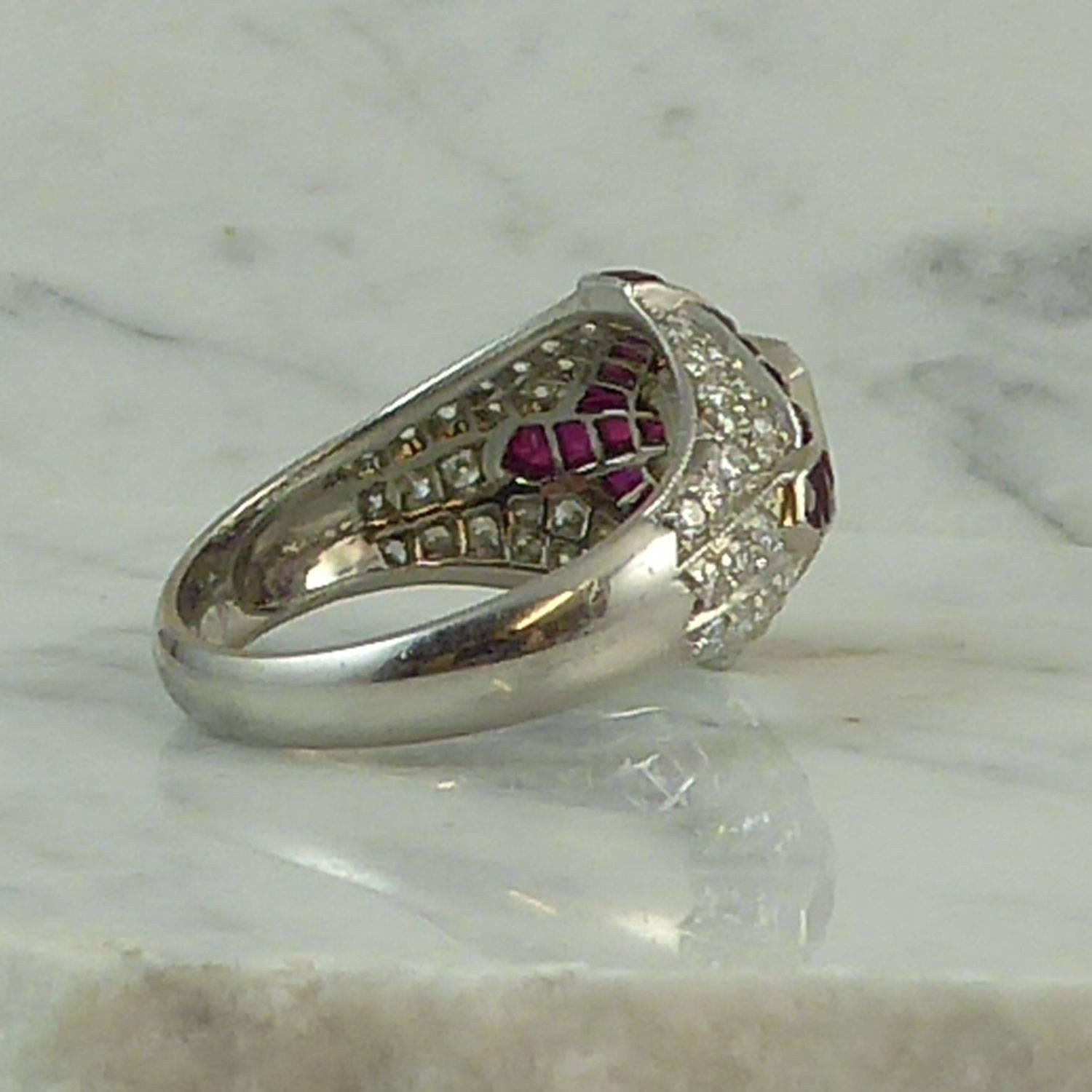 Modern Art Deco Style Diamond and Ruby Cocktail Ring, circa 1930s 1