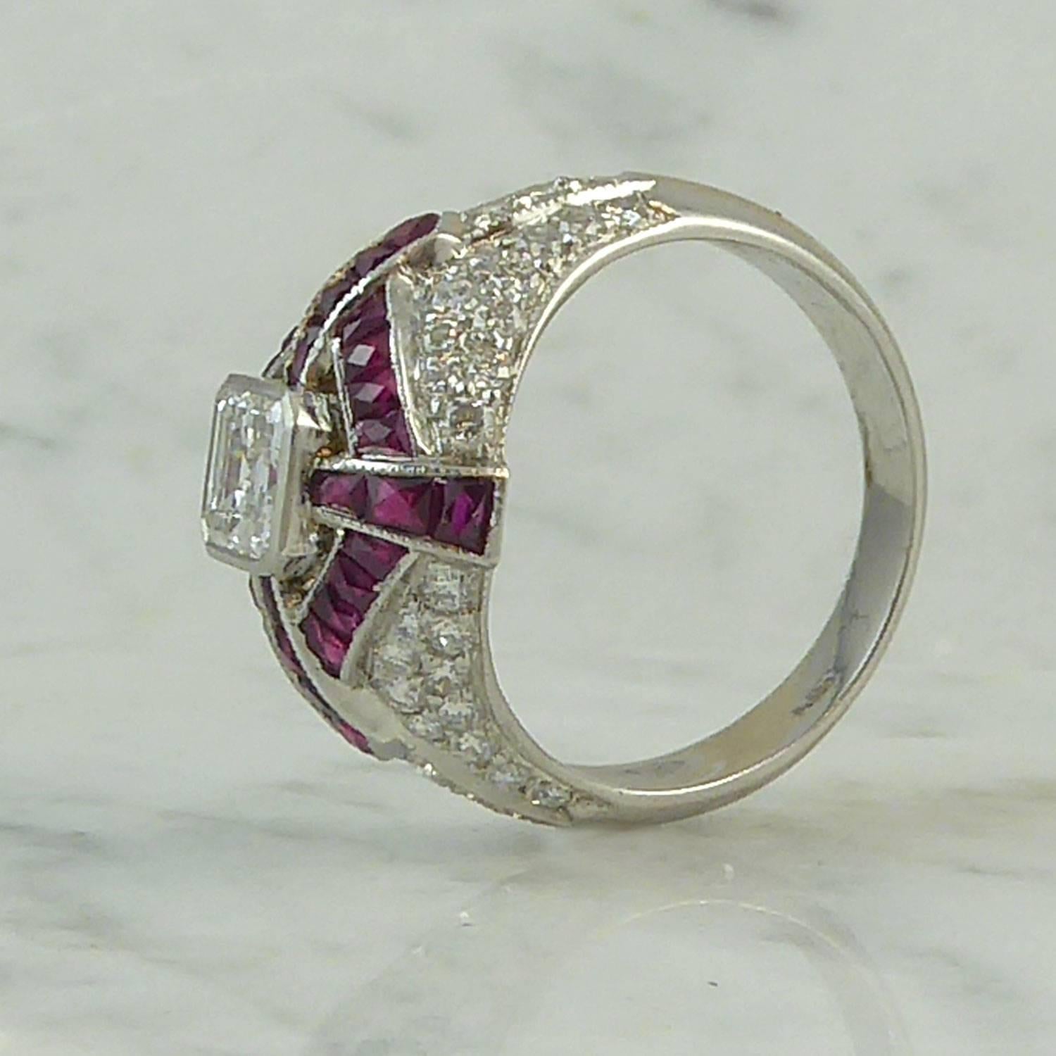 Modern Art Deco Style Diamond and Ruby Cocktail Ring, circa 1930s 2