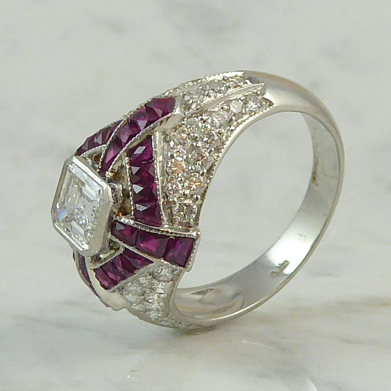 Modern Art Deco Style Diamond and Ruby Cocktail Ring, circa 1930s 3