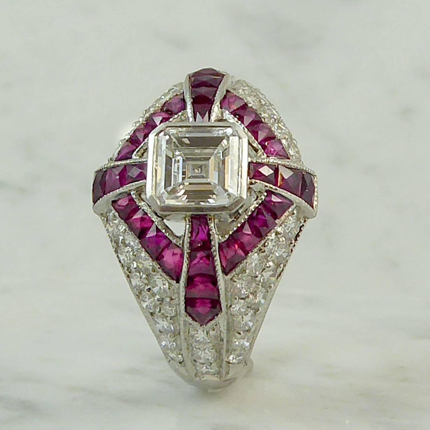 Modern Art Deco Style Diamond and Ruby Cocktail Ring, circa 1930s 4