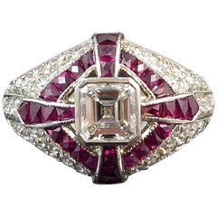 Modern Art Deco Style Diamond and Ruby Cocktail Ring, circa 1930s