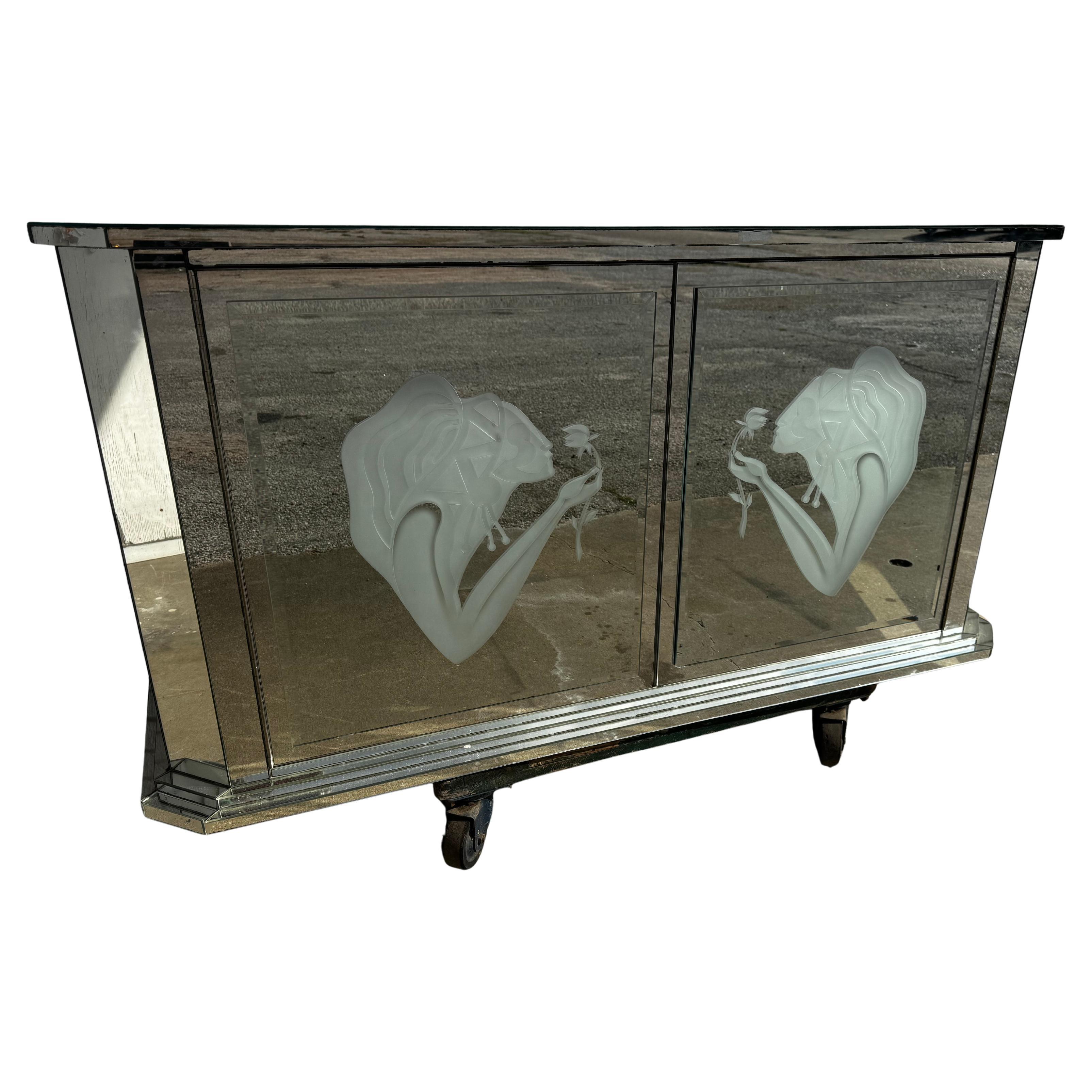 Modern Art Deco Style Frosted Etched Mirror 2 Door Cabinet For Sale