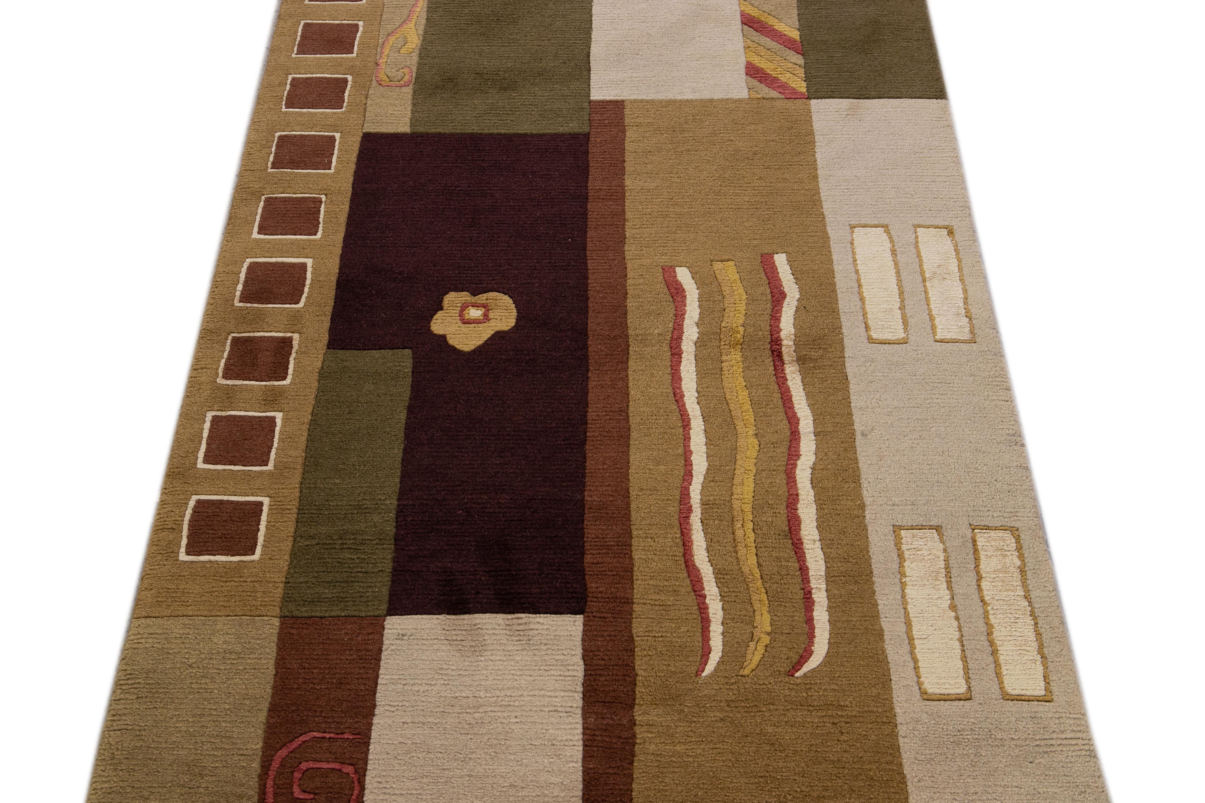 Indian Modern  Art Deco Style Handmade Abstract Motif Brown Wool Runner For Sale