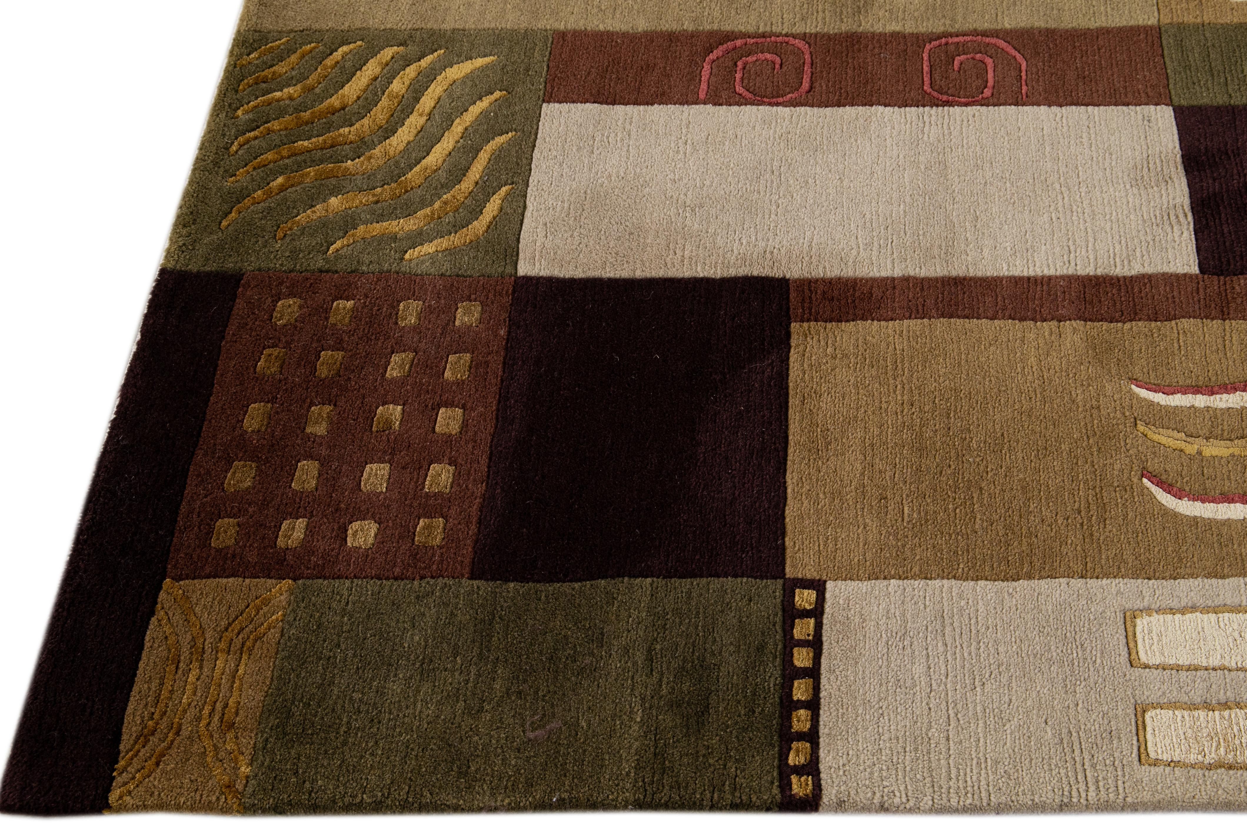 Hand-Knotted Modern  Art Deco Style Handmade Abstract Motif Brown Wool Runner For Sale