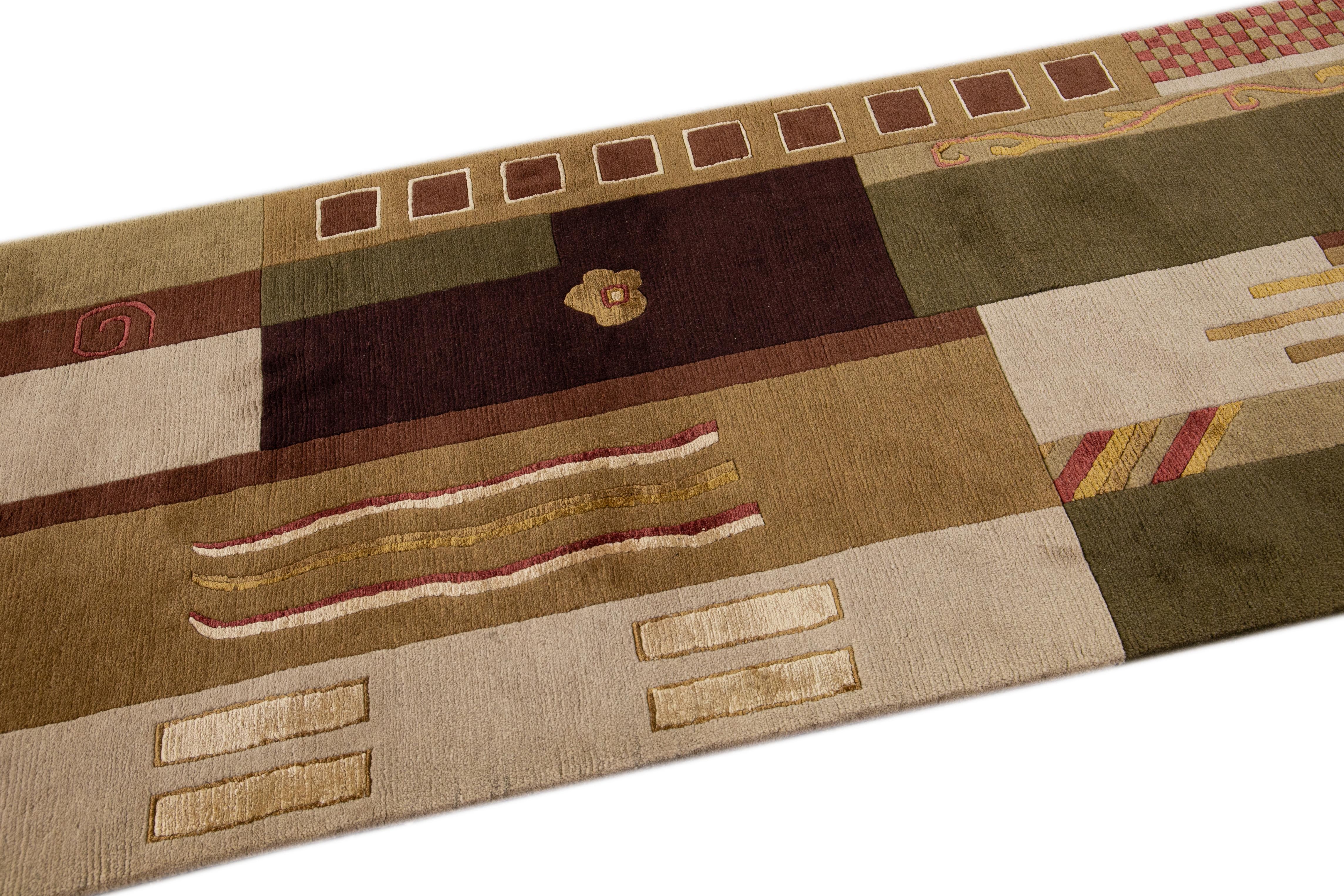 Modern  Art Deco Style Handmade Abstract Motif Brown Wool Runner In New Condition For Sale In Norwalk, CT