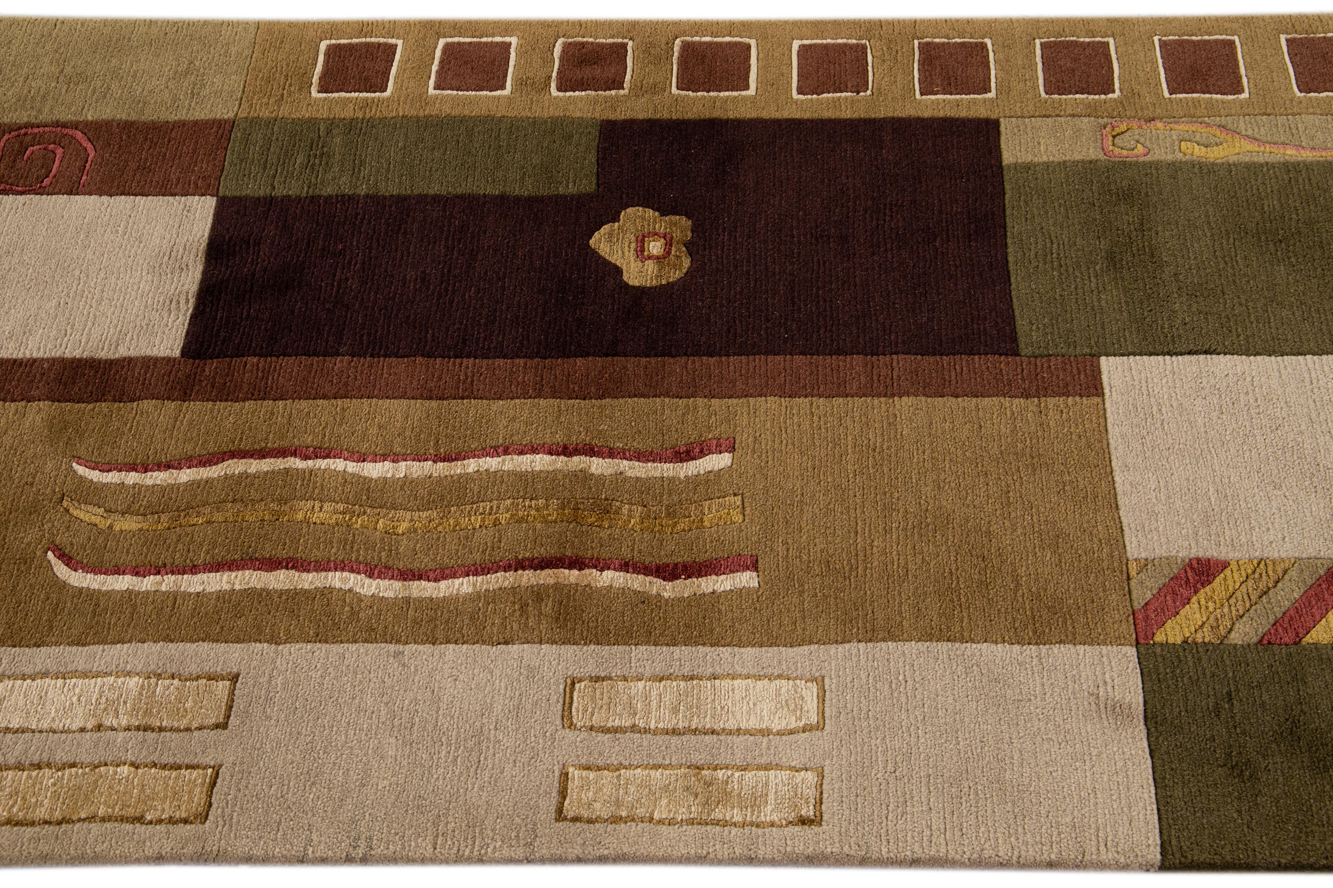 Contemporary Modern  Art Deco Style Handmade Abstract Motif Brown Wool Runner For Sale