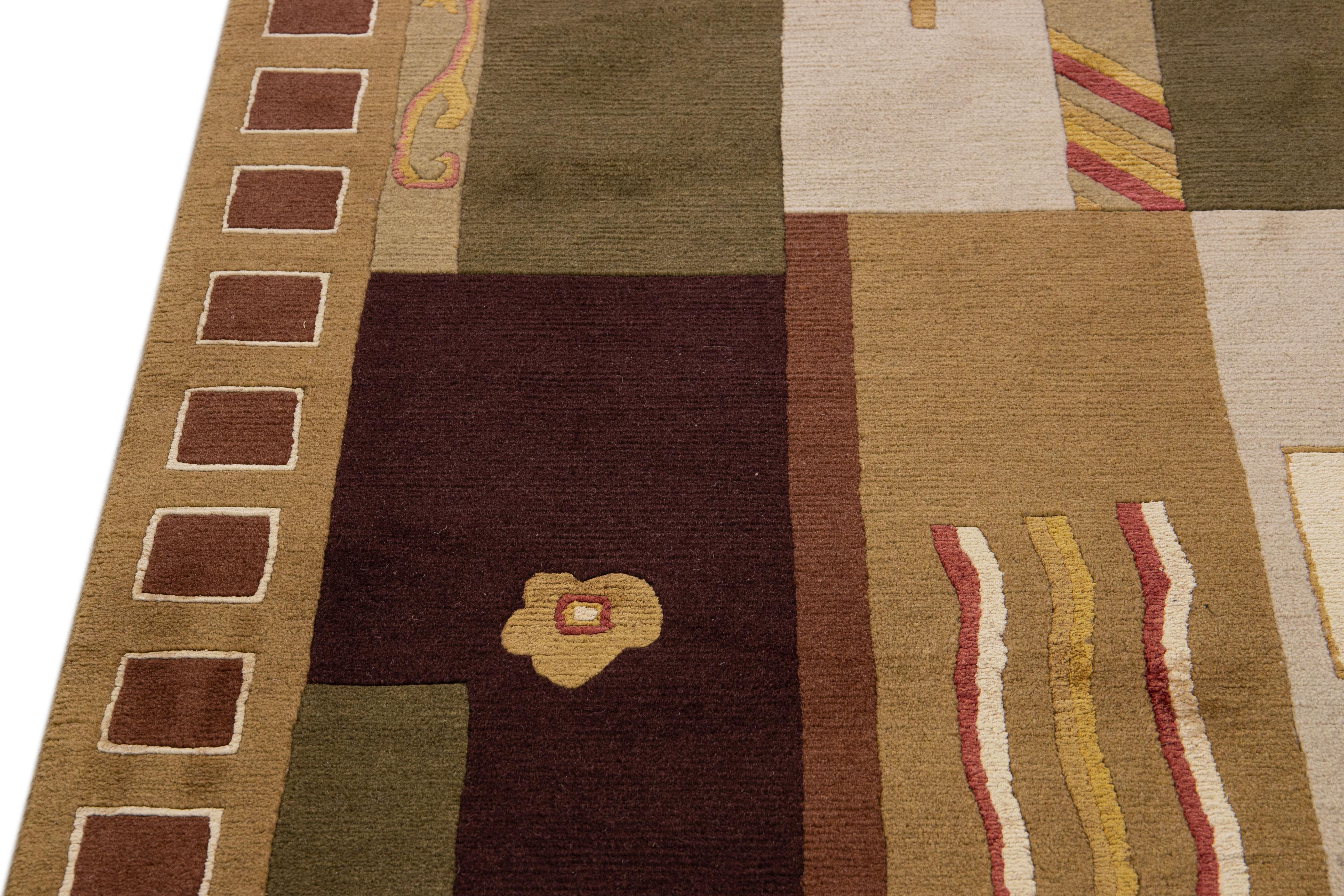 Other Modern  Art Deco Style Handmade Abstract Motif Brown Wool Runner For Sale