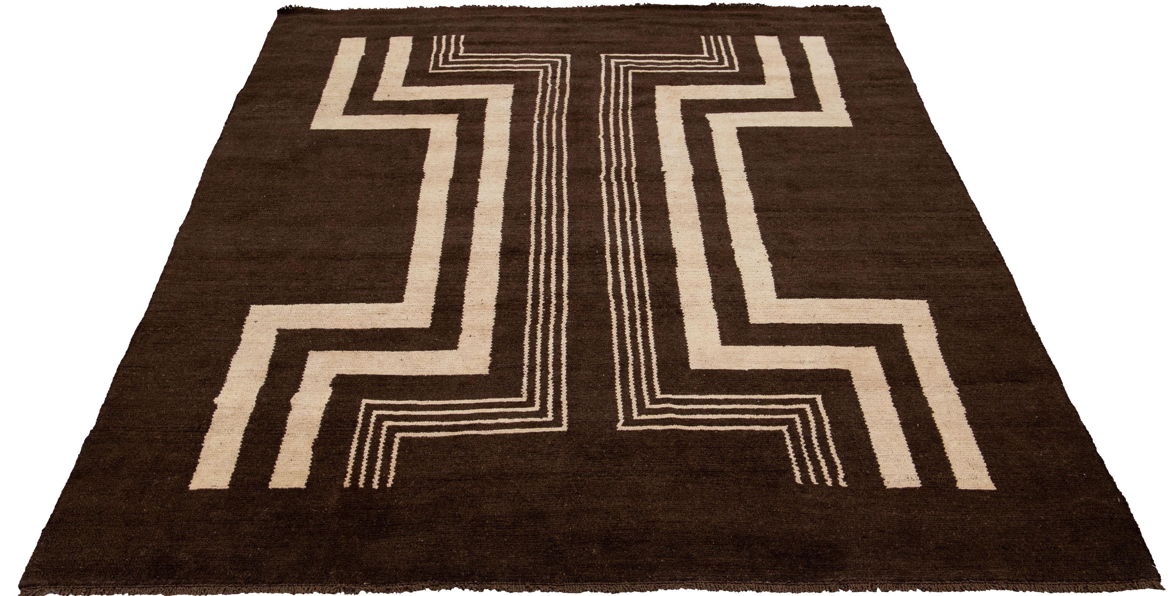 Afghan Modern Art Deco Style Handmade Tribal Motif Brown Wool Rug by Apadana For Sale