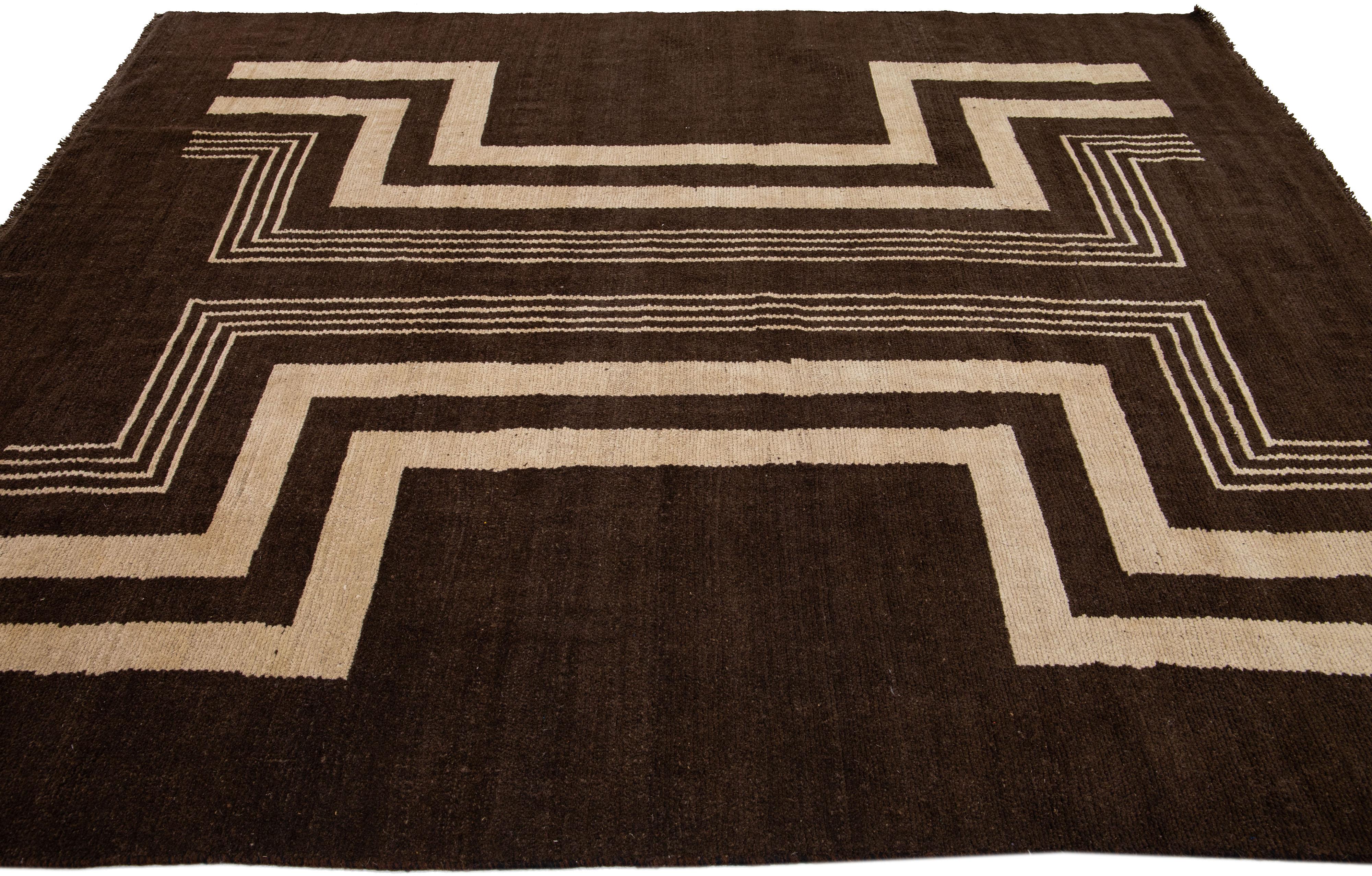 Modern Art Deco Style Handmade Tribal Motif Brown Wool Rug by Apadana In New Condition For Sale In Norwalk, CT