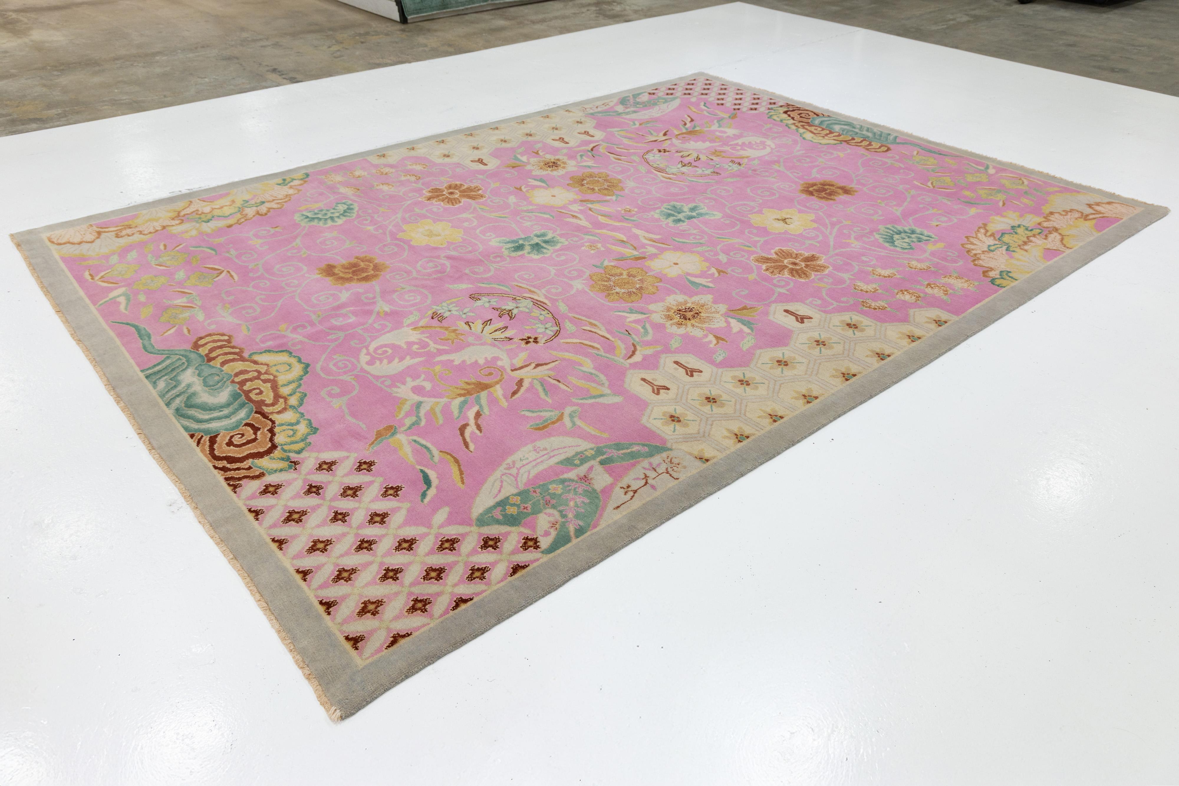 Nepalese Modern Art Deco Style Handmade Wool Rug In Pink With Floral Design in vendita