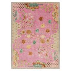 Modern Art Deco Style Handmade Wool Rug In Pink With Floral Design