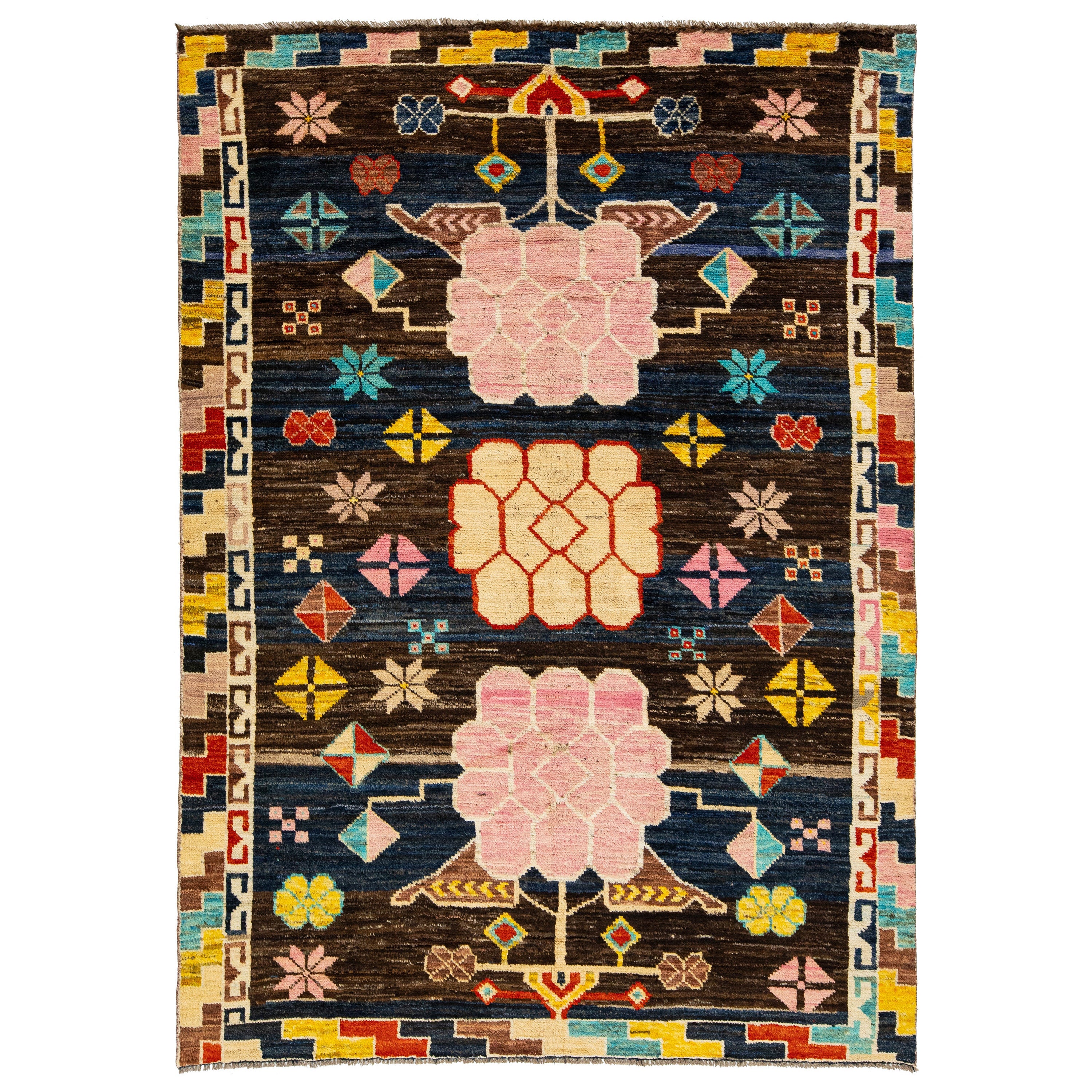 Tappeto in lana fatto a mano in stile Art Deco moderno con motivo multicolore