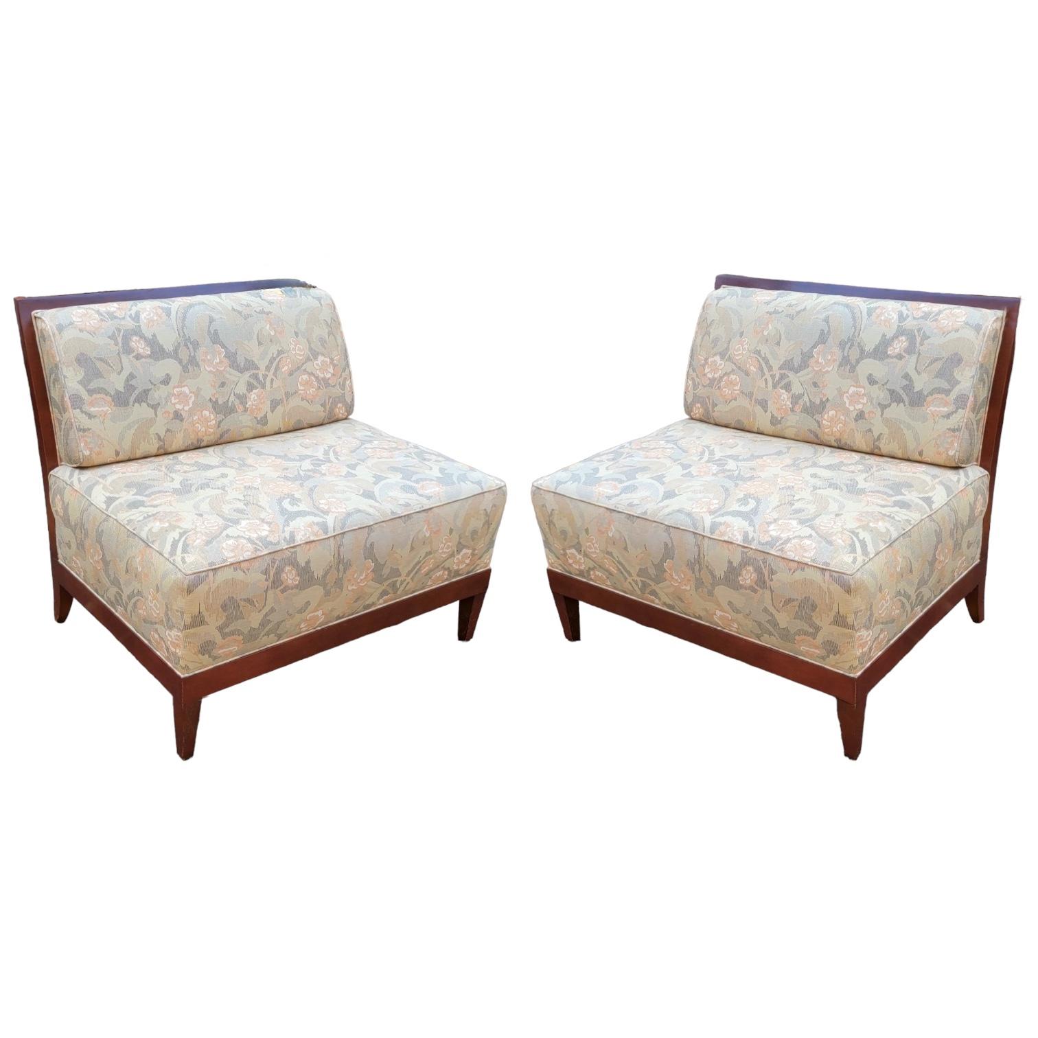 This is a pair of Art Deco style settees by Baker Furniture. The backs are an inlaid mahogany. The upholstery is vintage but in very good condition. They are marked.