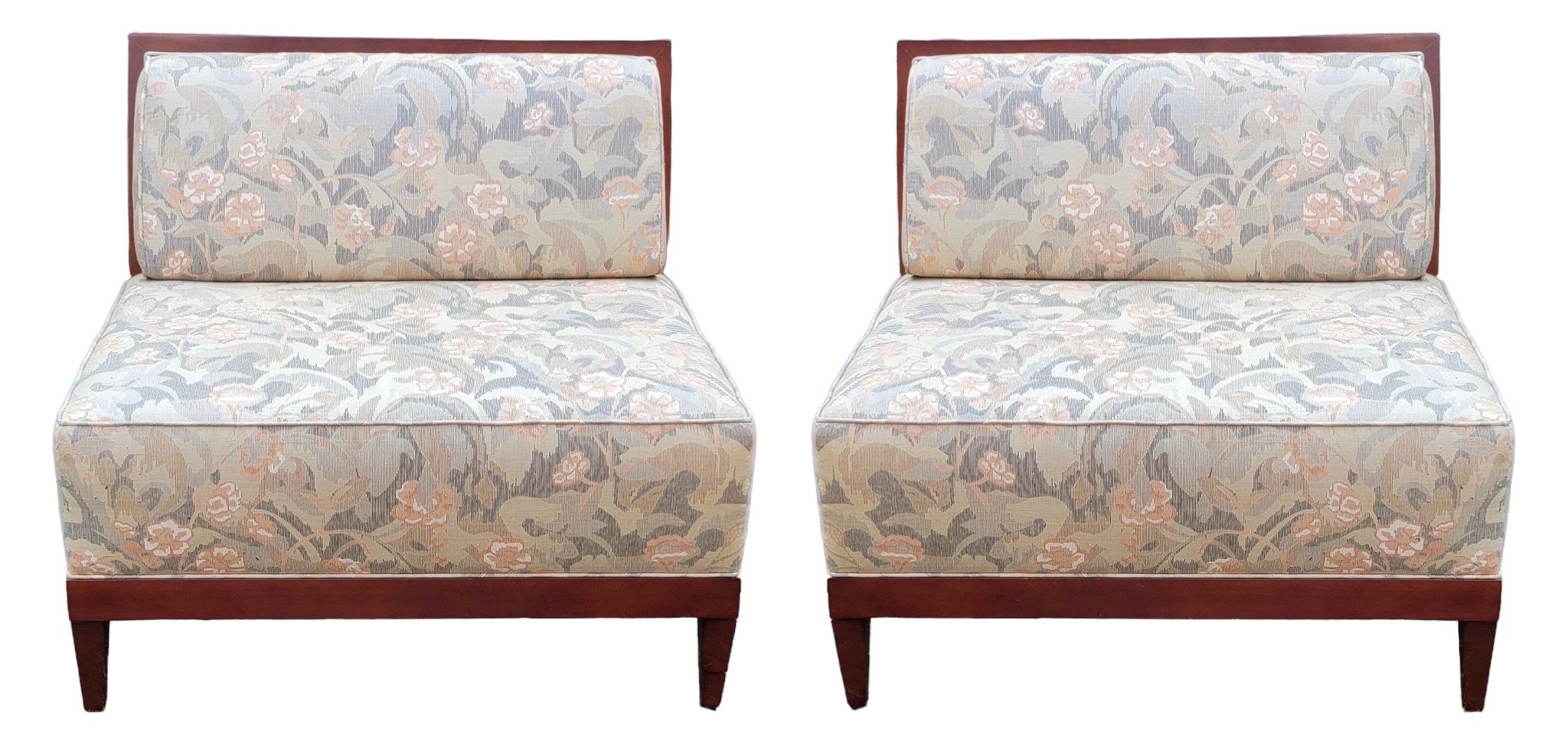 Upholstery Modern Art Deco Style Mahogany Settees  / Large Chair By Baker Furniture - Pair For Sale