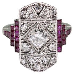 Modern Art Deco Style Platinum 1 Carat Diamond and Ruby Ring