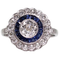 Modern Art Deco Style Platinum 1.45 Carat Diamond and Sapphire Ring