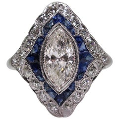 Modern Art Deco Style Platinum 1.87 Carat Diamond and Sapphire Ring