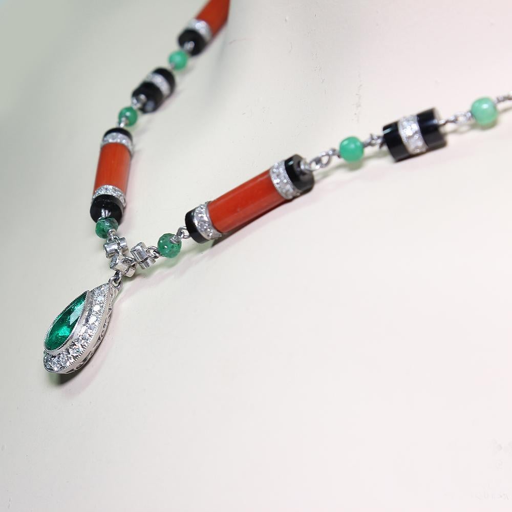 Modern Art Deco Style Platinum Coral Onyx and 5.5 Carat Diamond Necklace In New Condition In Miami, FL