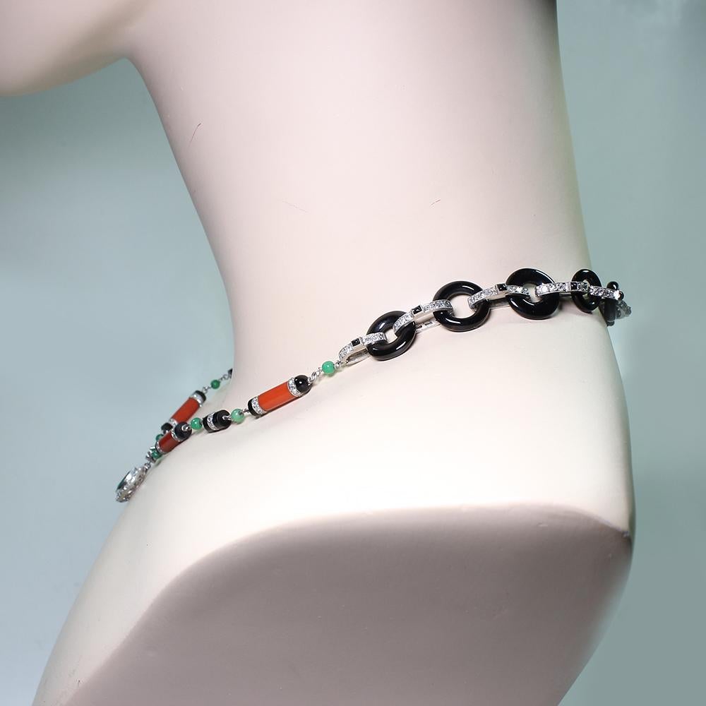 Women's or Men's Modern Art Deco Style Platinum Coral Onyx and 5.5 Carat Diamond Necklace