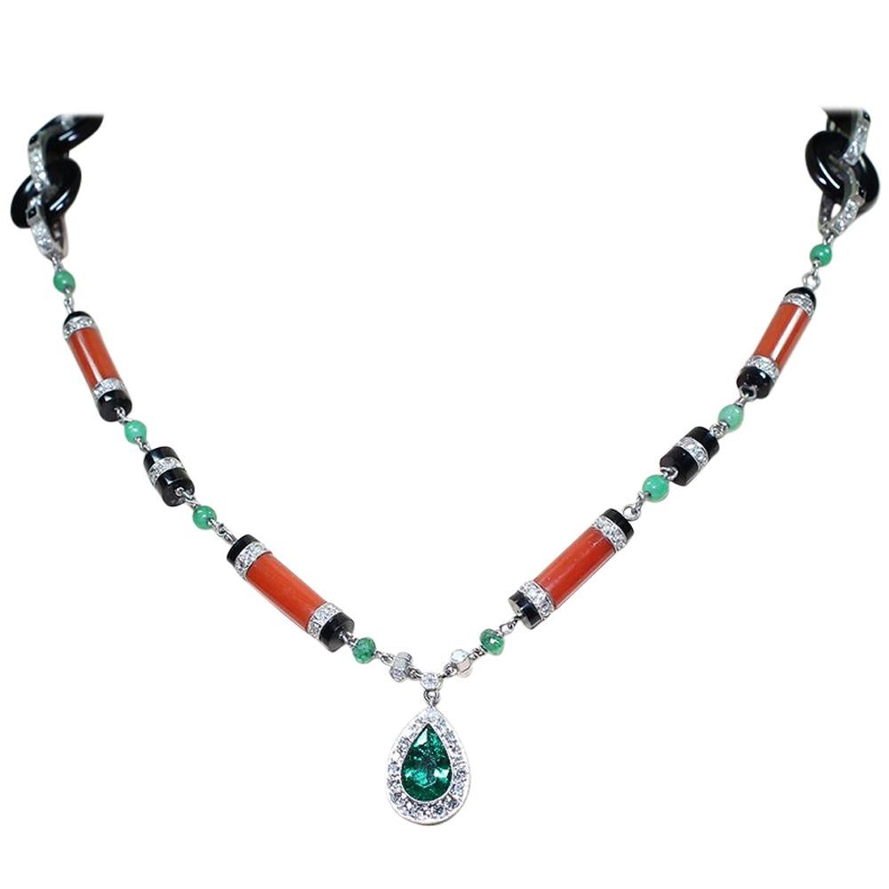 Modern Art Deco Style Platinum Coral Onyx and 5.5 Carat Diamond Necklace