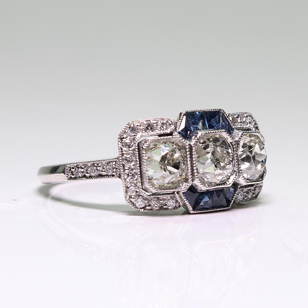 Old Mine Cut Modern Art Deco Style Platinum Diamond and Sapphire Ring