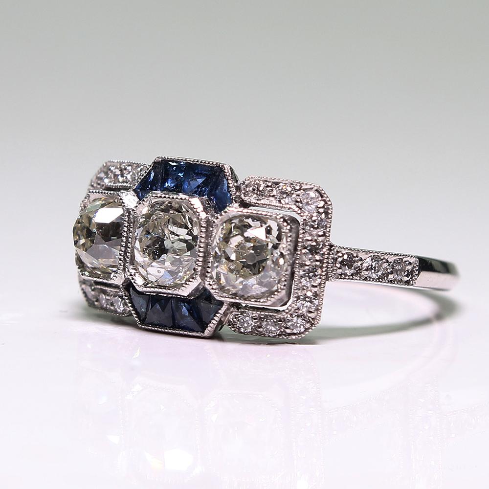 Women's or Men's Modern Art Deco Style Platinum Diamond and Sapphire Ring