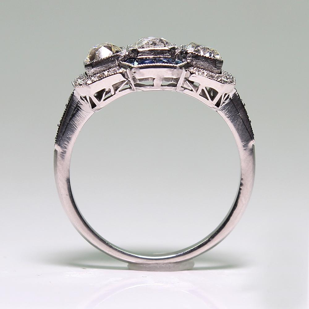 Modern Art Deco Style Platinum Diamond and Sapphire Ring 1