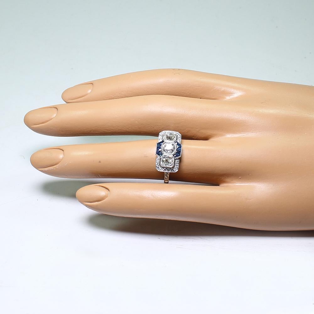 Modern Art Deco Style Platinum Diamond and Sapphire Ring 2