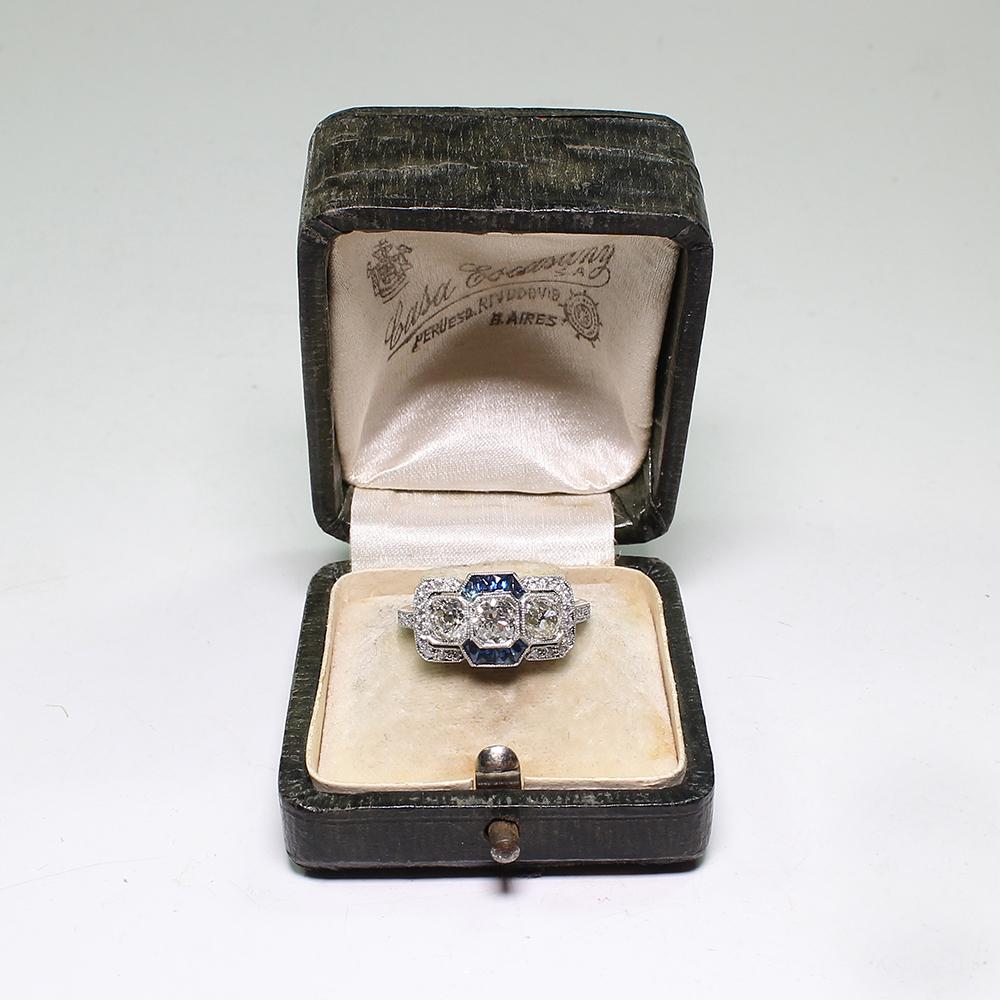 Modern Art Deco Style Platinum Diamond and Sapphire Ring 3