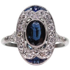 Modern Art Deco Style Platinum Diamond and Sapphire Ring