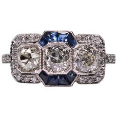 Modern Art Deco Style Platinum Diamond and Sapphire Ring