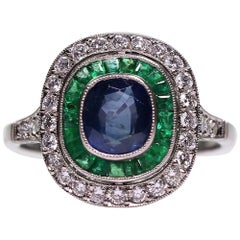 Modern Art Deco Style Platinum Sapphire, Diamond and Emerald Ring