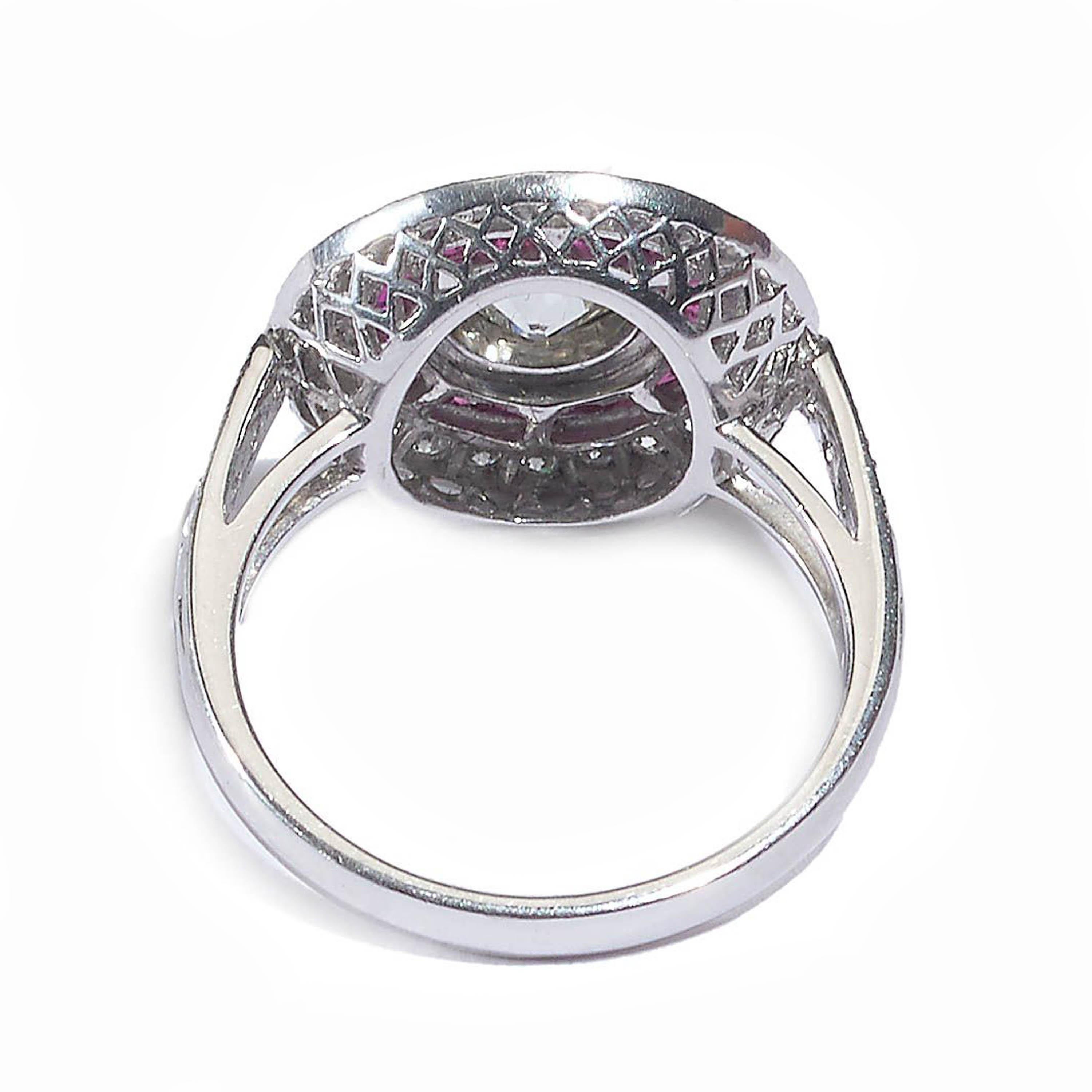 Old European Cut Modern Art Deco Style Ruby, Diamond and Platinum Target Cluster Ring 0.93 Carats