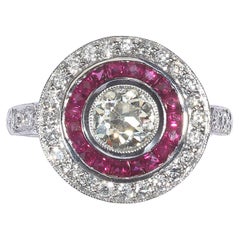 Modern Art Deco Style Ruby, Diamond and Platinum Target Cluster Ring 0.93 Carats