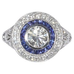 Modern Art Deco Style Sapphire, Diamond and Platinum Target Cluster Ring, 0.90ct