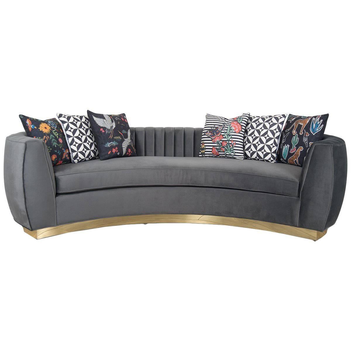 Modern Art Deco Style Sofa and Long-Arm Tufting Charcoal Velvet & Gold Toe Kick For Sale
