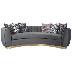 Modern Art Deco Style Sofa and Long-Arm Tufting Charcoal Velvet & Gold Toe Kick