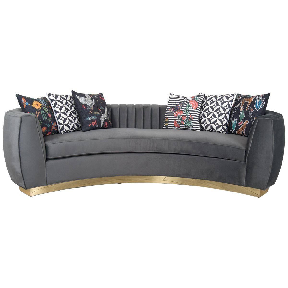 Modern Art Deco Style Sofa with Long-Arm Tufting Charcoal Velvet & Gold Toe Kick For Sale