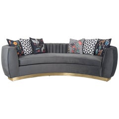 Modern Art Deco Style Sofa with Long-Arm Tufting Charcoal Velvet & Gold Toe Kick