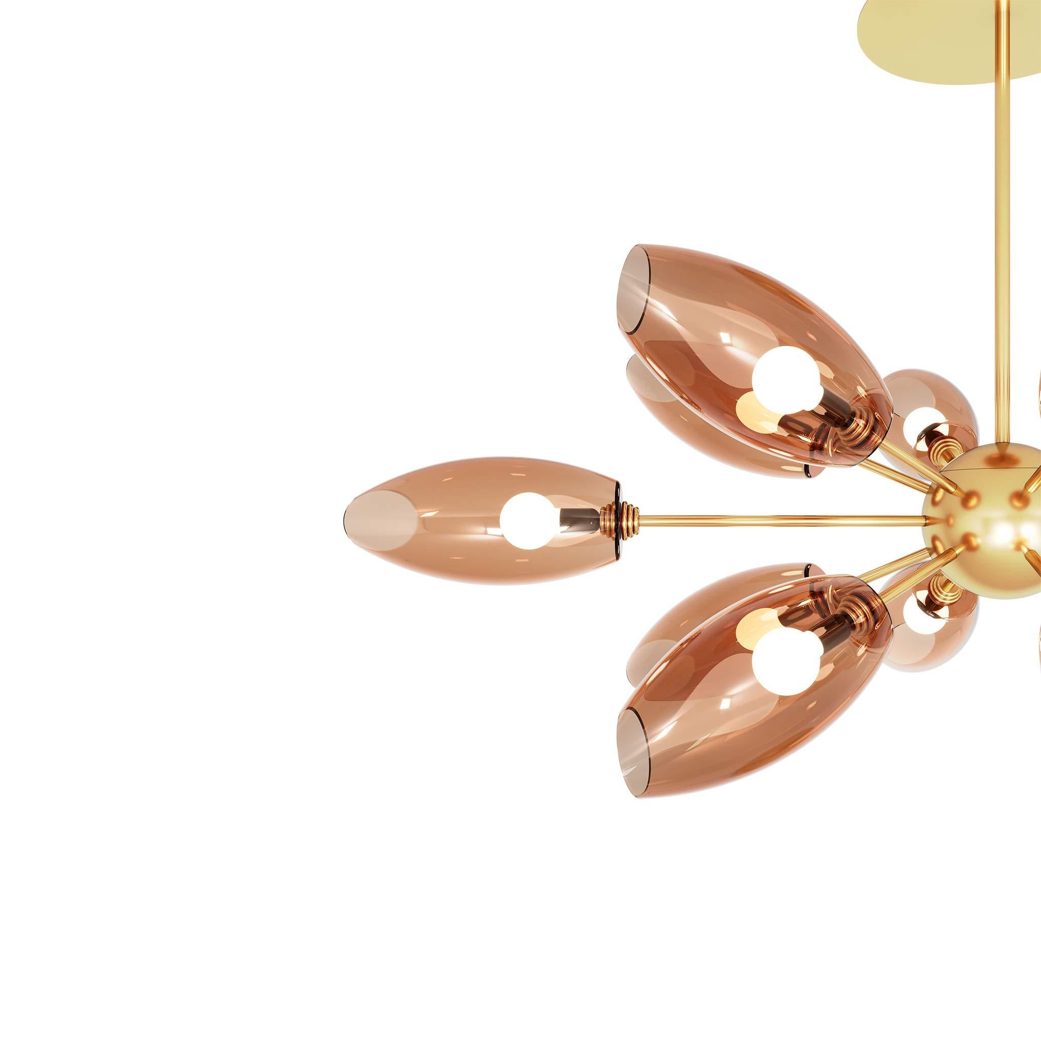 Modern Art Deco Style Suspension Lamp Amber Blown-Glass & Polished Brass Structure For Sale