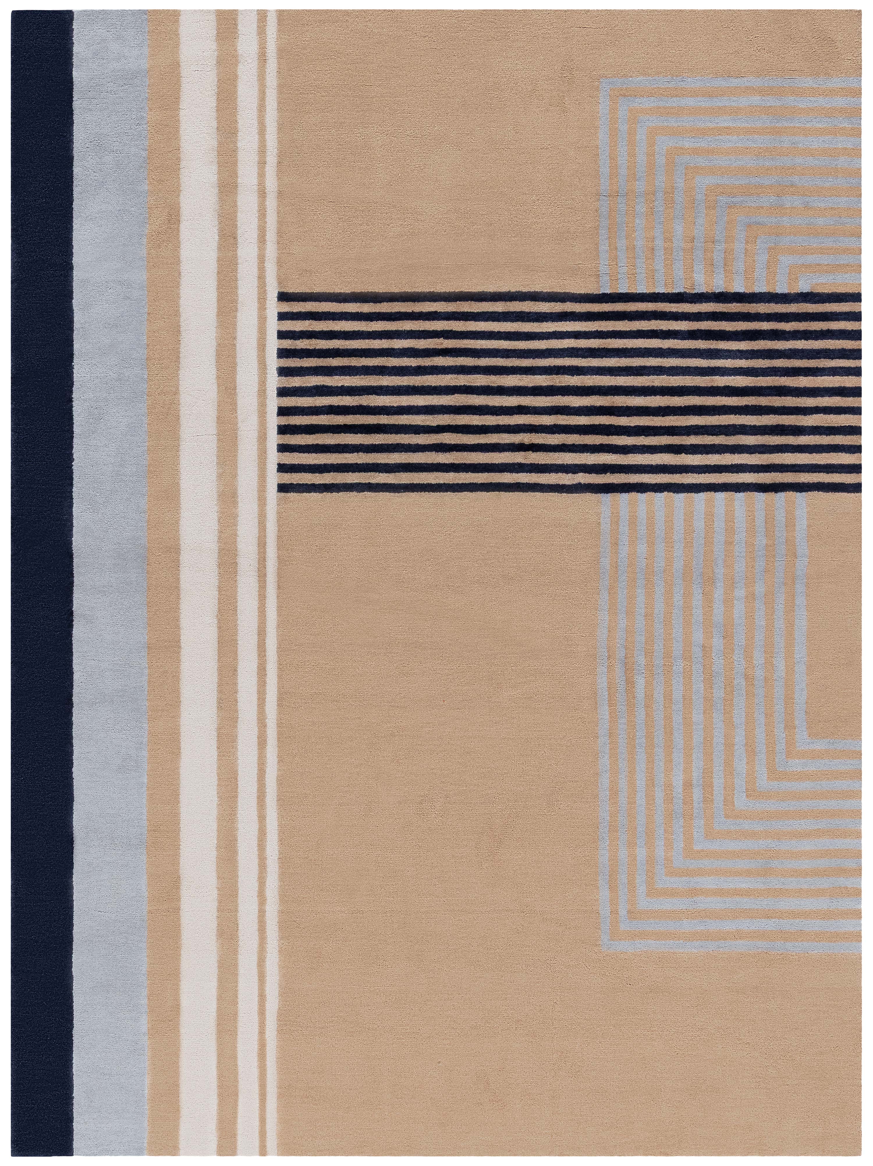 Modern Art Deco Tan Rug "Skyscape" Bauhaus Patterned Sunset Skyline For Sale