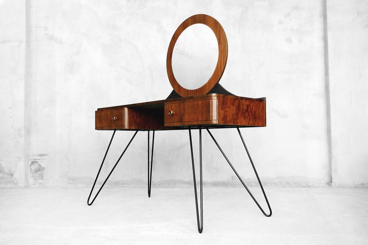 Modern Art Deco Walnut Dressing Table with Round Mirror, 1950s For Sale 4
