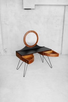 Modern Art Deco Walnut Dressing Table with Round Mirror, 1950s