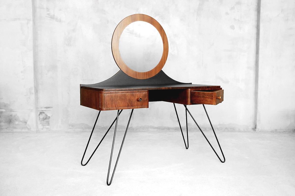 European Modern Art Deco Walnut Dressing Table with Round Mirror, 1950s For Sale