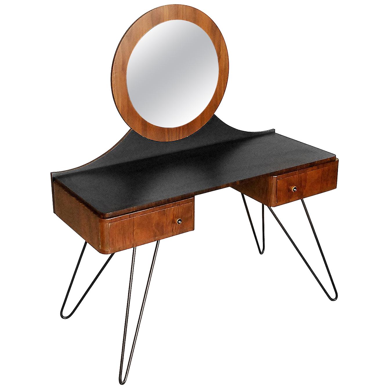 Modern Art Deco Walnut Dressing Table with Round Mirror, 1950s For Sale