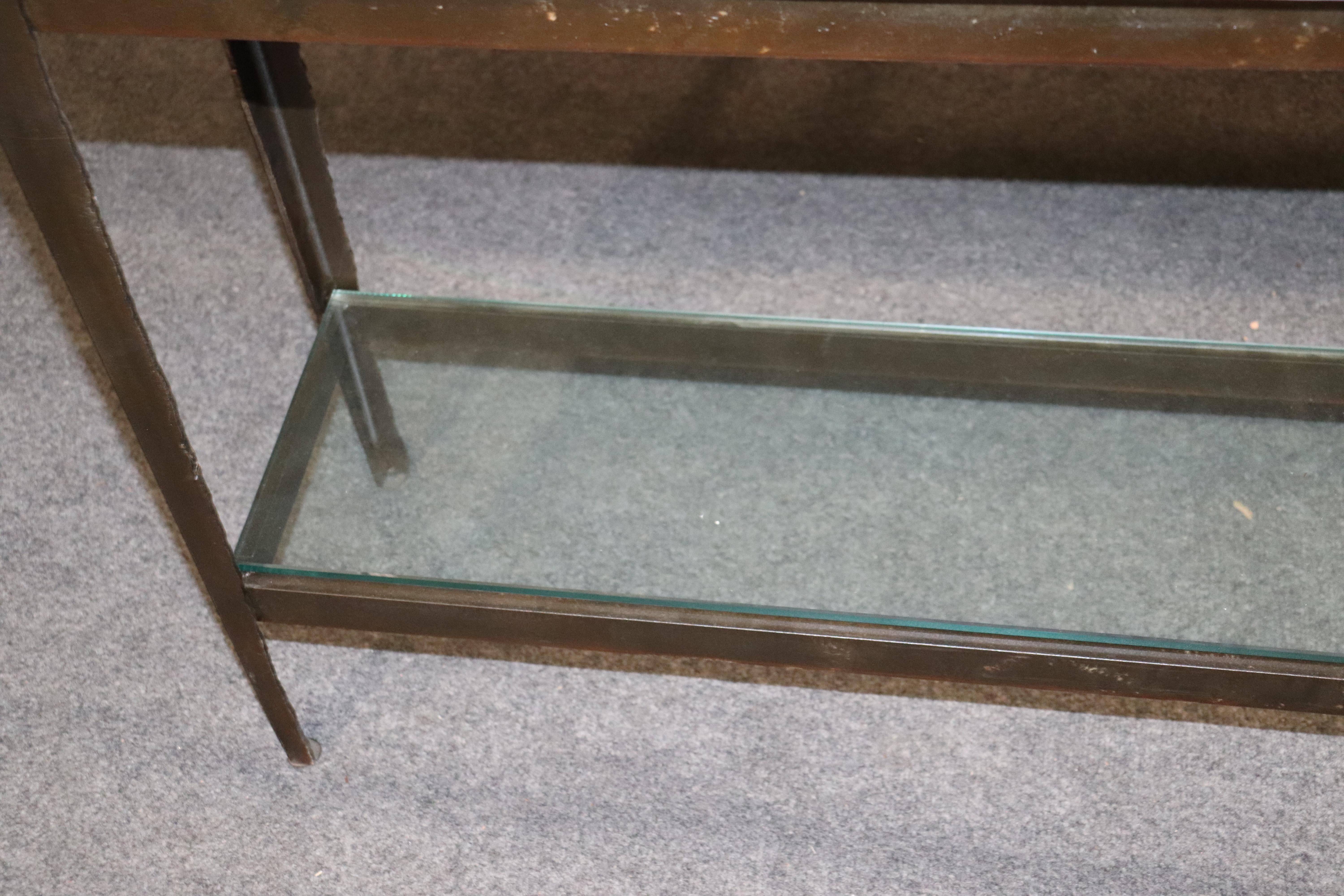 Modern Art Glass Console Table with Cut Ship Steel Frame and Glass Lower Shelf 1