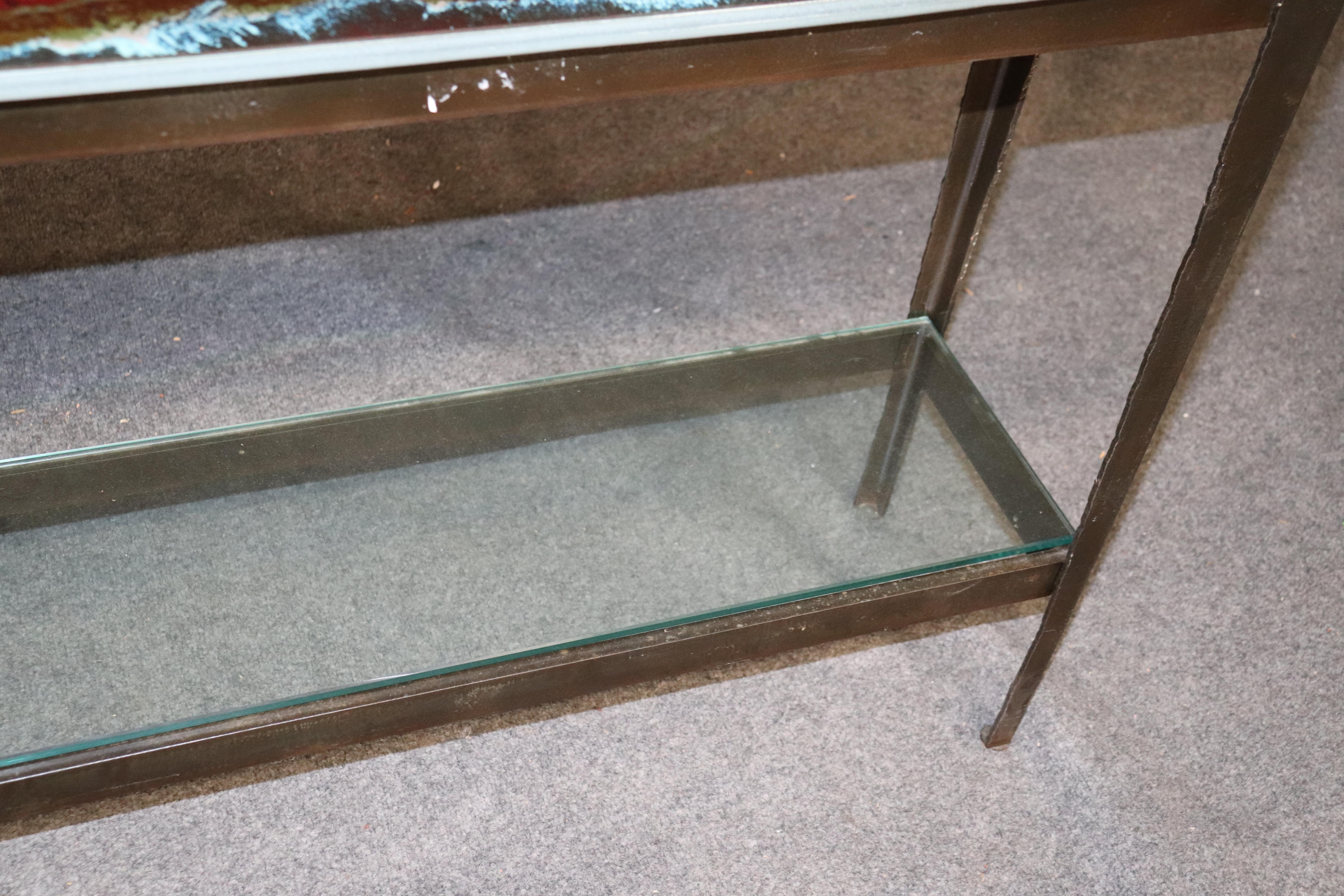 Modern Art Glass Console Table with Cut Ship Steel Frame and Glass Lower Shelf 2