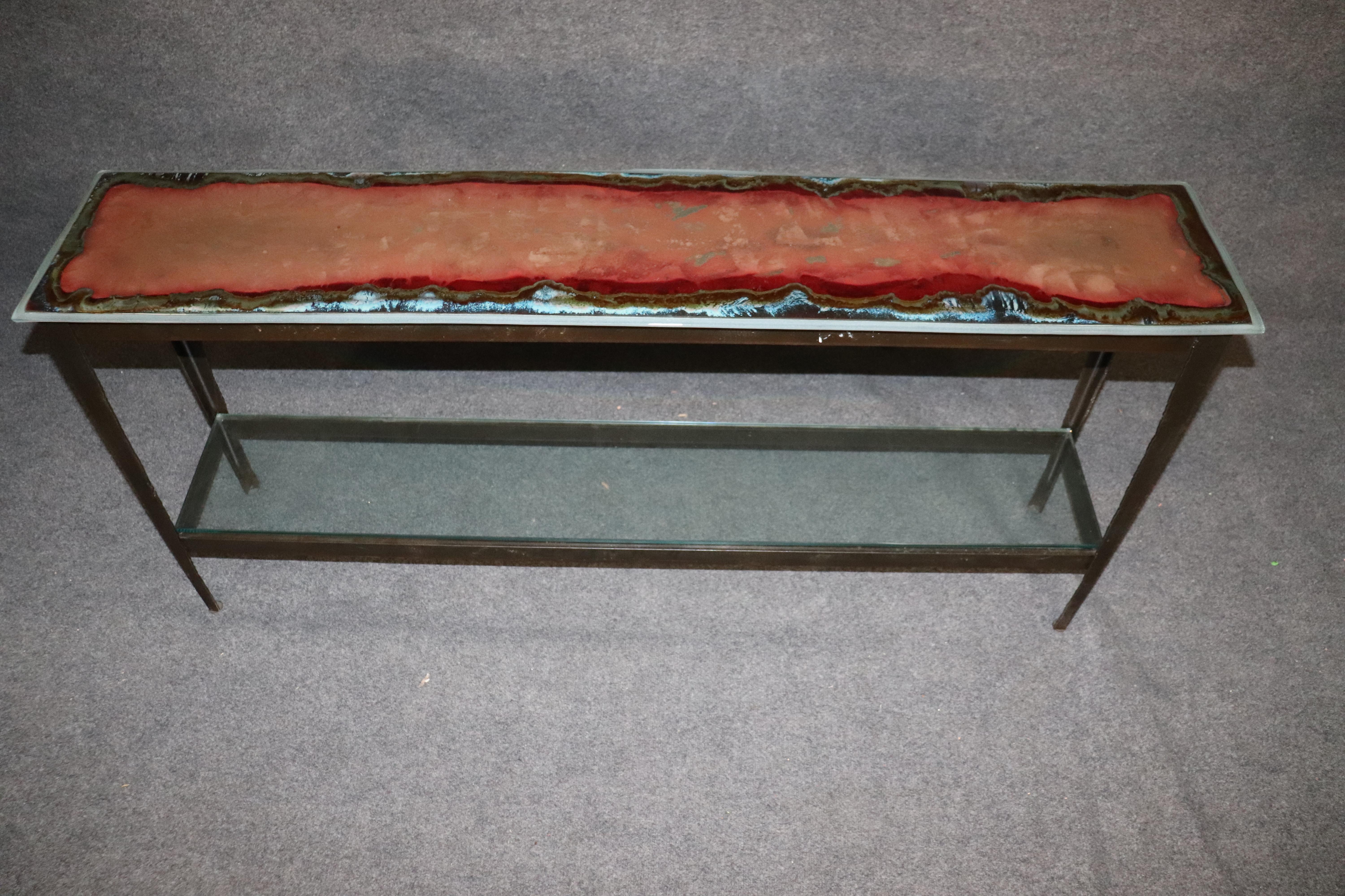 Mid-Century Modern Modern Art Glass Console Table with Cut Ship Steel Frame and Glass Lower Shelf