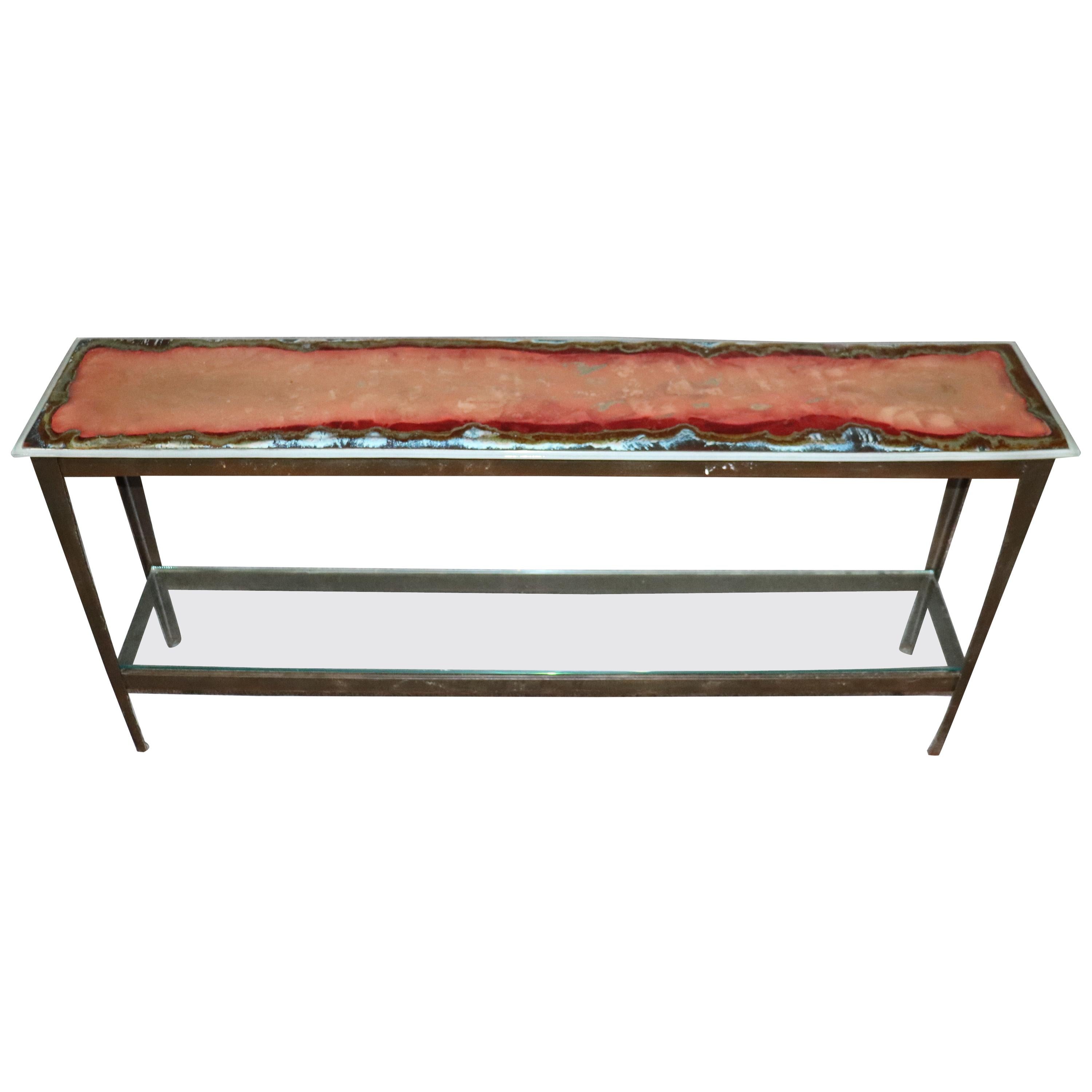 Modern Art Glass Console Table with Cut Ship Steel Frame and Glass Lower Shelf